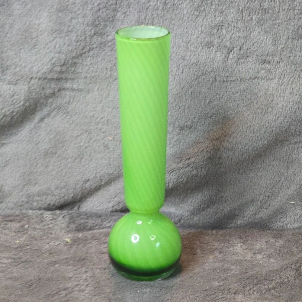 Vintage Green Cased Glass Bud Vase Swirl Stripe Satin Bulbous Base Empoli Style
